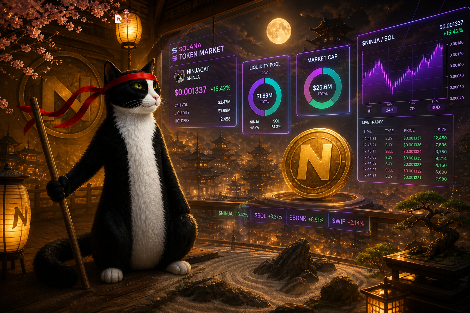 Ninja cat guarding the Ninjacatcoin dojo and market boards