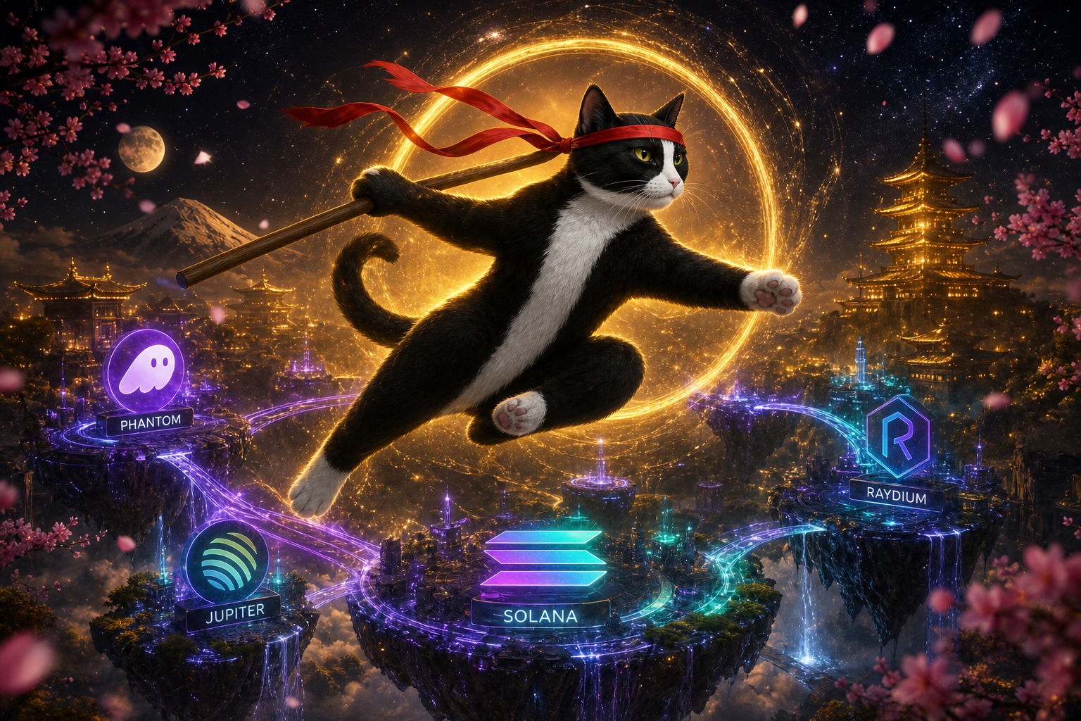 Ninja cat leaping through the Solana ecosystem